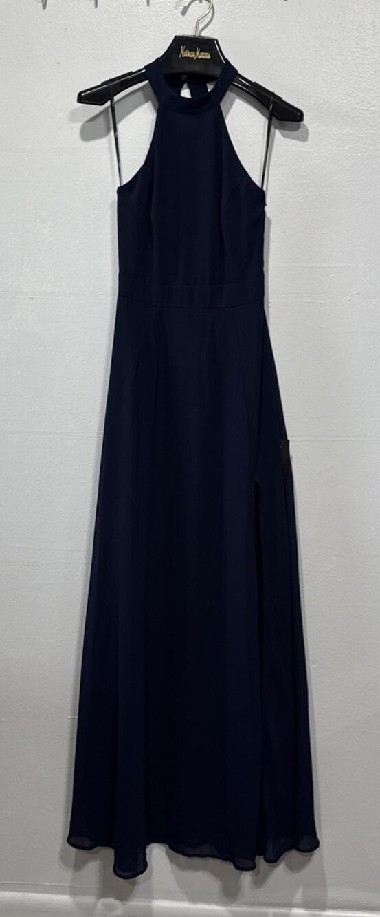 Lulus Navy Blue Chiffon Maxi Dress Halter Open Back Womens XS Bridesmaid Evening
